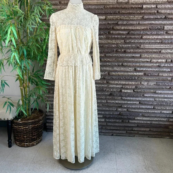 Vintage 80s Cream Lace High Neck Union Made Wedding Formal Maxi Dress - Picture 1 of 9